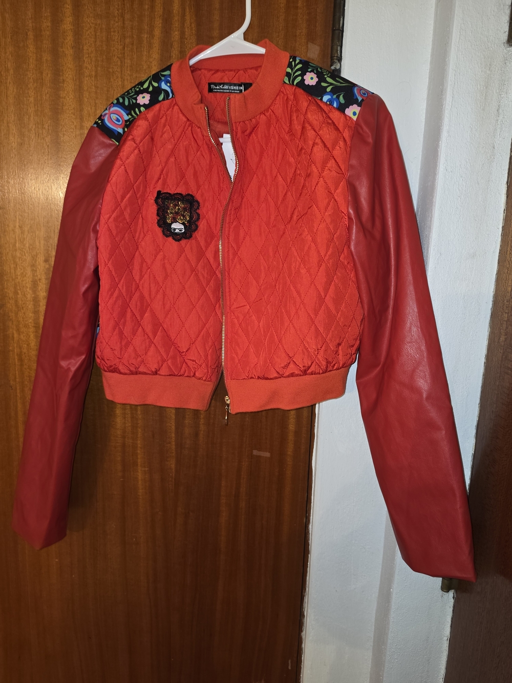 Red Quilted Bomber Jacket with Embroidered Patch